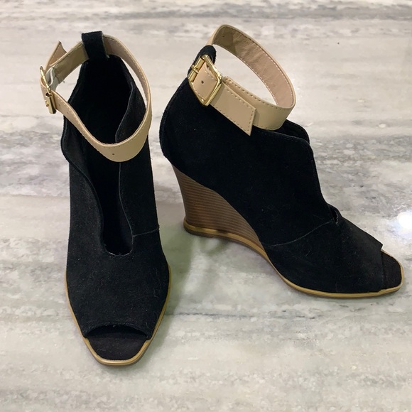 Woven brand Black Suede Peep-Toe Wedge - Picture 2 of 8